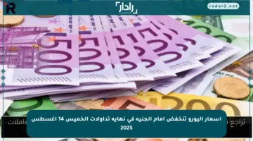 أسعار اليورو تنخفض أمام الجنيه في نهاية تداولات الخميس 14 أغسطس 2025